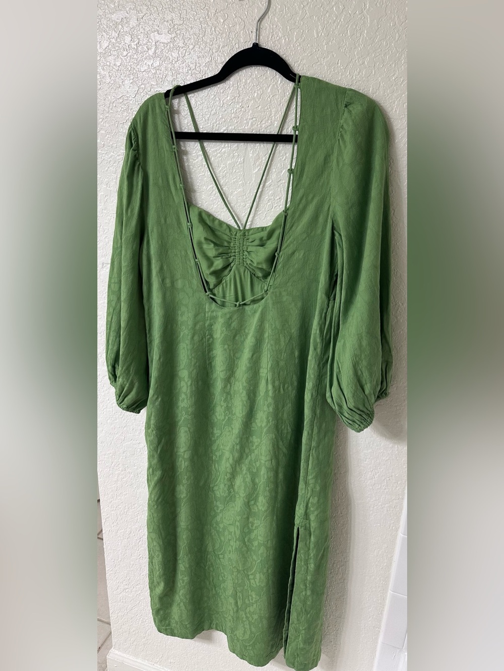 Maeve Anthropologie Green Jacquard Open Back Midi Dress Puff Sleeve US 10 - Picture 3 of 14